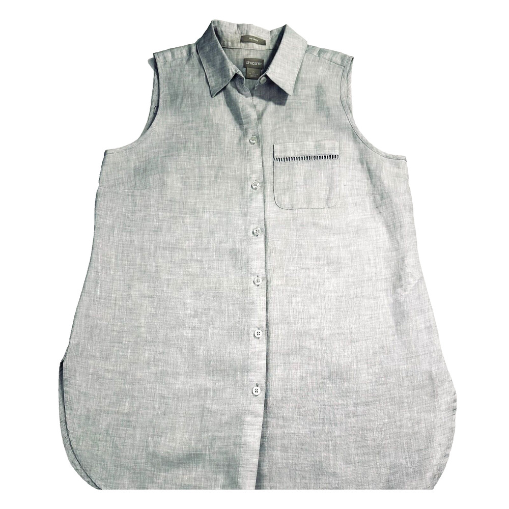 Chico’s 100% Linen Sleeveless Button Up No Iron Tunic Top Size 4 / 6 Sm classic